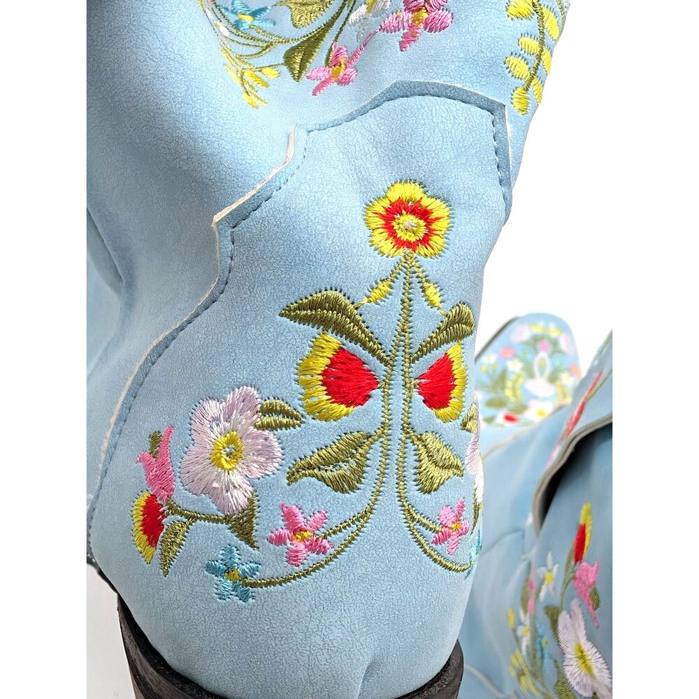 Women’s Blue Floral Embroidered Cowboy Cowgirl Boots Pointed Toe Western Boho - Picture 14 of 16